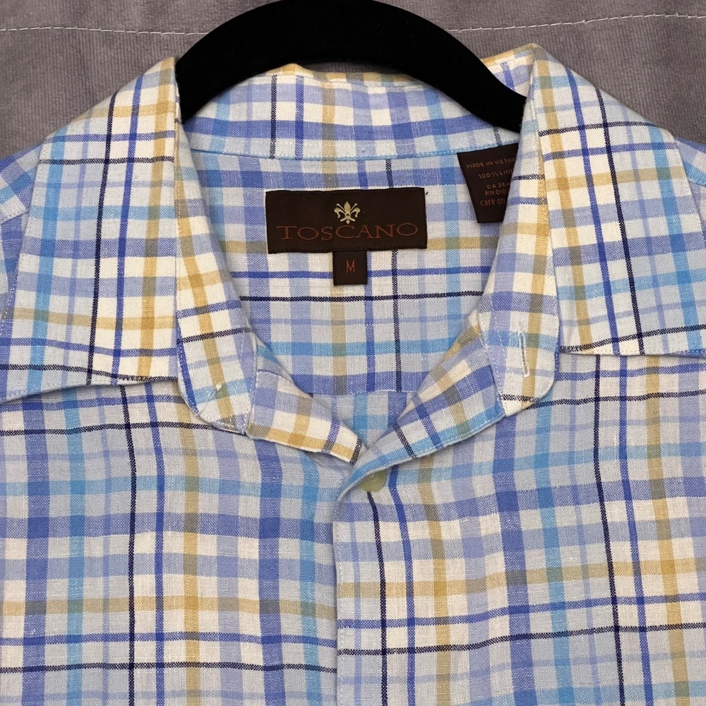 Toscano Linen Shirt Mens Medium Blue White Yellow Plaid Excellent Short Sleeve